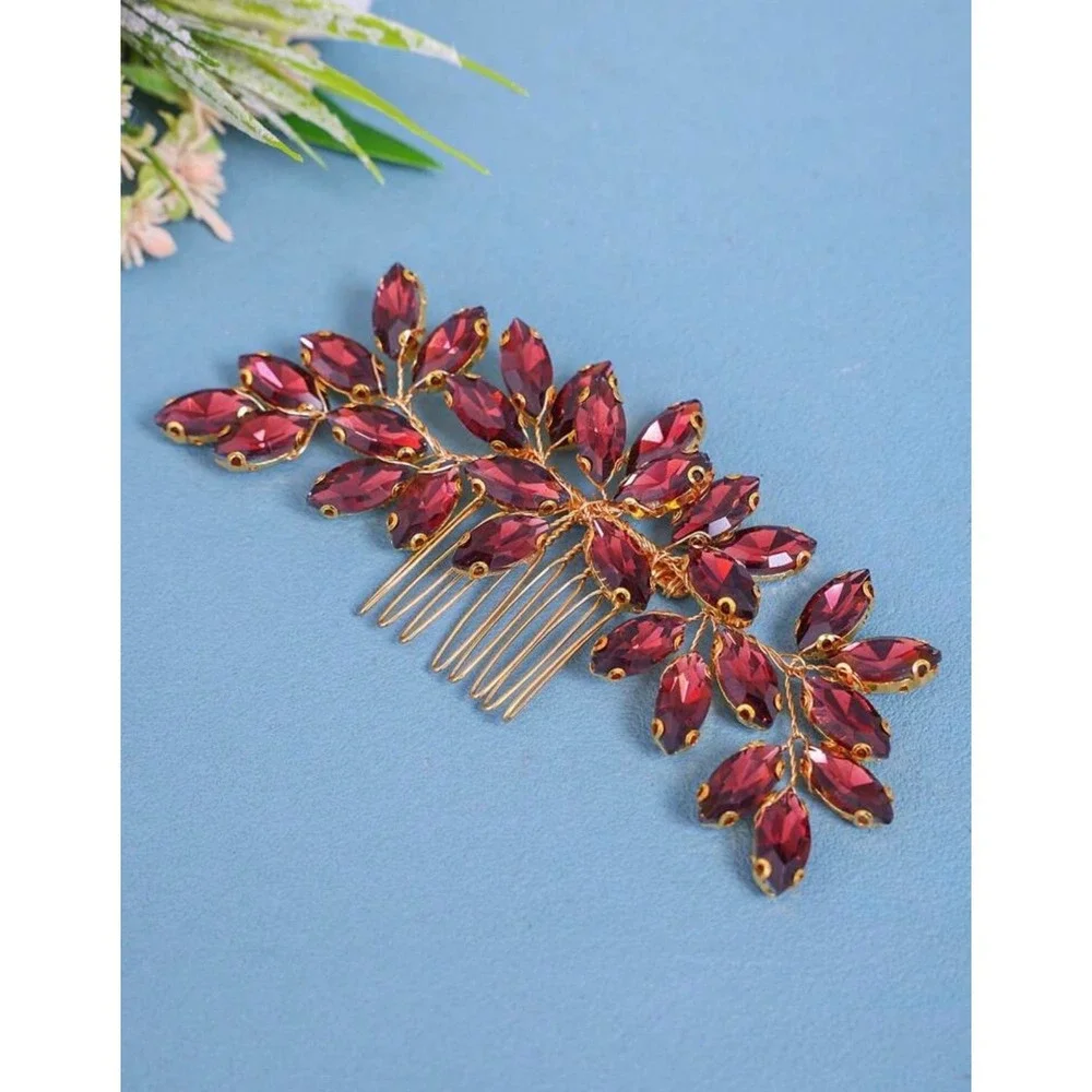 Unbranded Rhinestone Hair Comb Women OS Burgundy Gold Floral Vine Headpiece